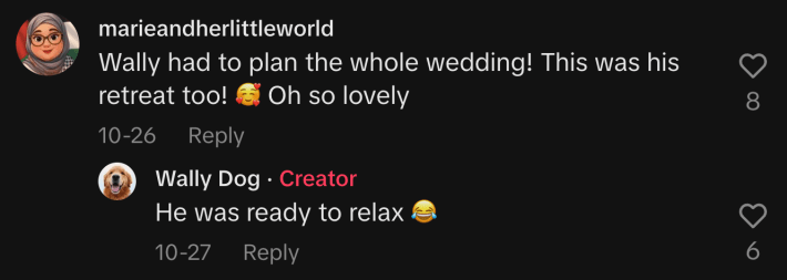 “Wally had to plan the whole wedding! This was his retreat too! 🥰,” @marieandherlittleworld pointed out. @wally.meets.world agreed, “He was ready to relax 😂.”