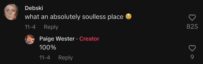 “What an absolutely soulless place 😢,” wrote @strawbz2. Wester, who now lives in the UK agreed and replied, “100%.”