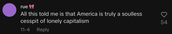 “All this told me is that America is truly a soulless cesspit of lonely capitalism.”