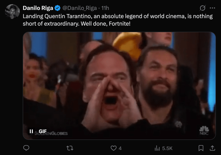 “Landing Quentin Tarantino, an absolute legend of world cinema, is nothing short of extraordinary. Well done, Fortnite!”
