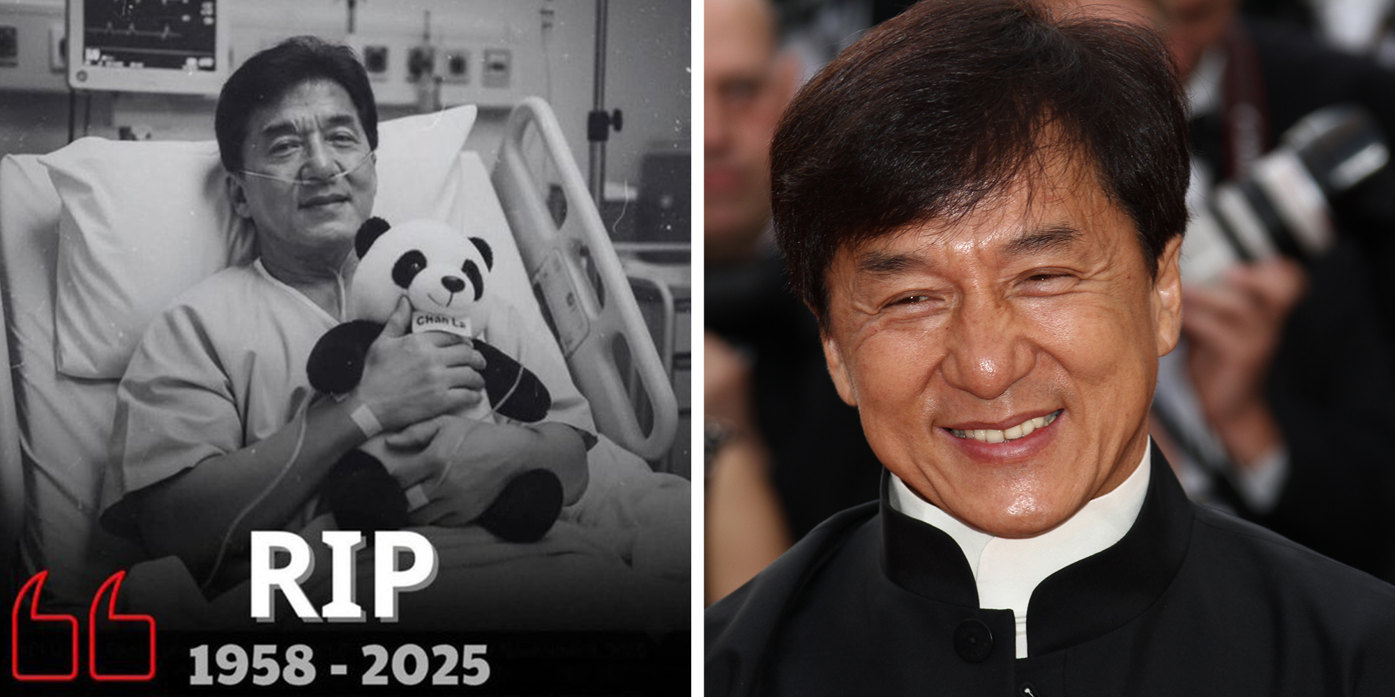 Left: AI-generated photo of actor Jackie Chan in a hospital bed, Facebook death hoax, text overlay reads RIP. Right: Jackie Chan attends the 'De Rouille et D'os' Premiere during the 65th Cannes Film Festival at Palais des Festivals on May 17, 2012 in Cannes, France.