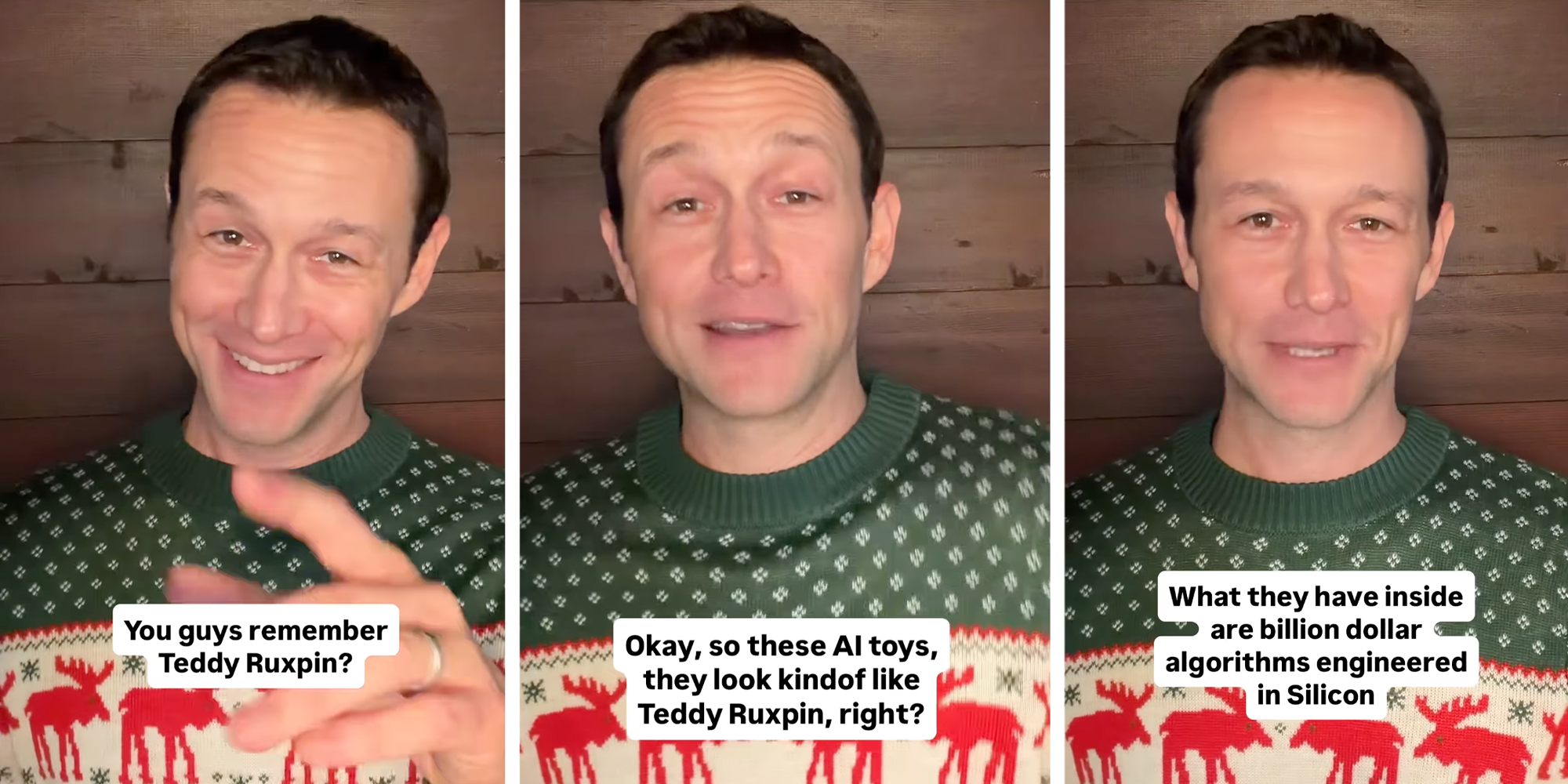 joseph gordon levitt speaking while wearing a holiday sweater
