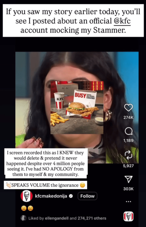 Screenshot of an Instagram Story showing Jessie's reaction to KFC's video, which she screen recorded. She says in the text overlay that KFC had yet to apologize and that the video "speaks volume" about their ignorance.