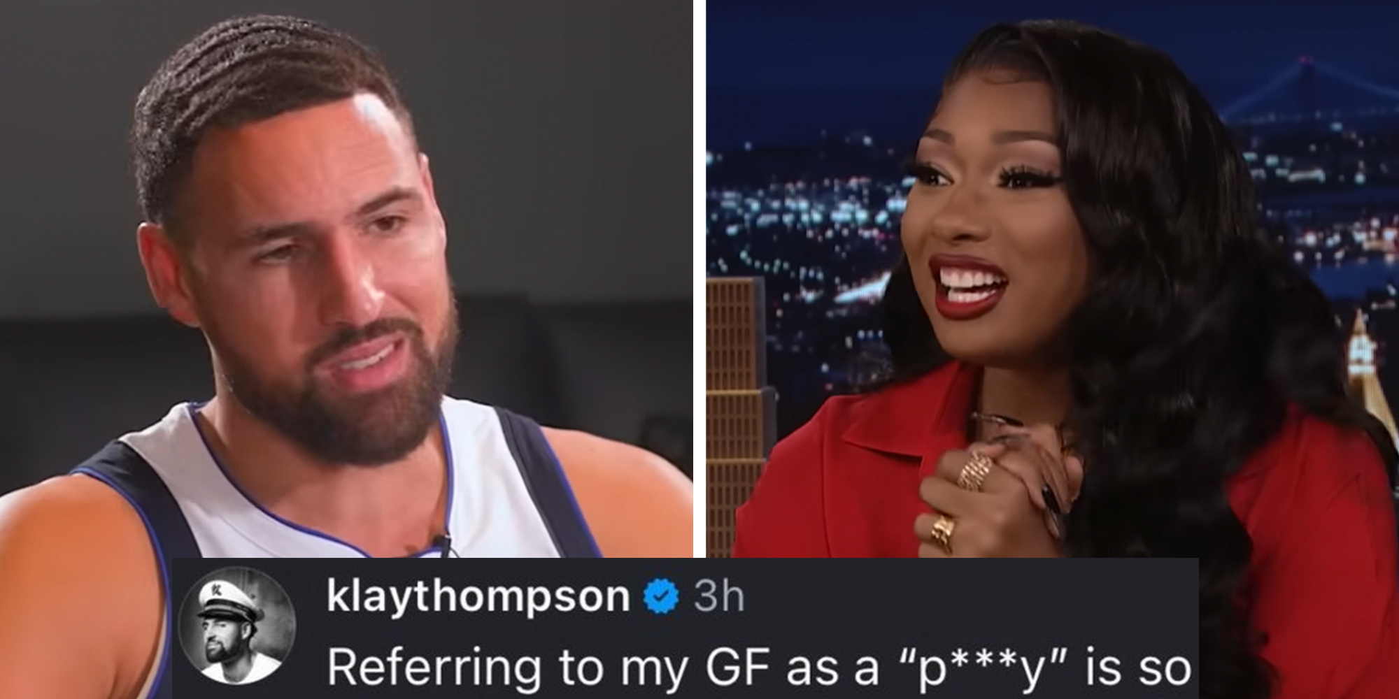 Left: NBA Dallas Mavericks player Klay Thompson during an interview. Right: Megan Thee Stallion on The Tonight Show Starring Jimmy Fallon.