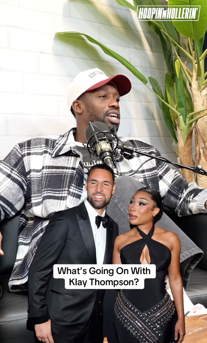 A man in a plaid shirt and baseball cap talking into a microphone for a podcast. A cut-out image of Klay Thompson and Megan Thee Stallion in black tie clothing is overlaid with the text, "What's going on with Klay Thompson?"