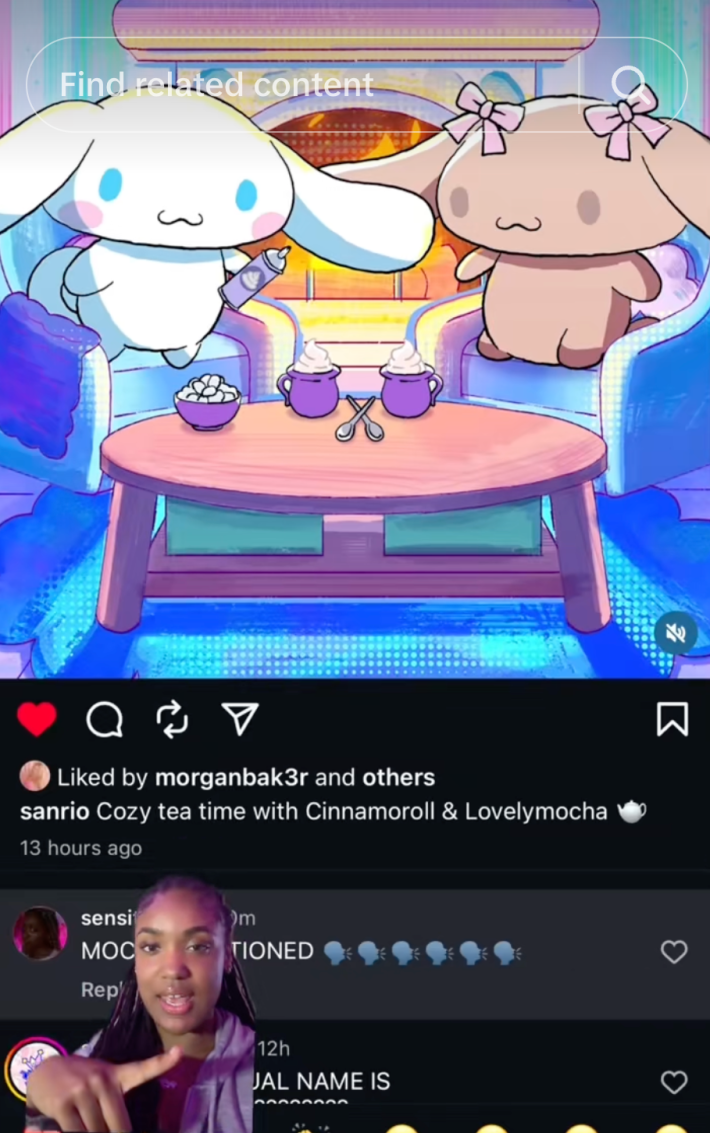 @youngboysforcess/TikTok screenshot from Sanrio instagram reel with Mocha and friend drinking tea