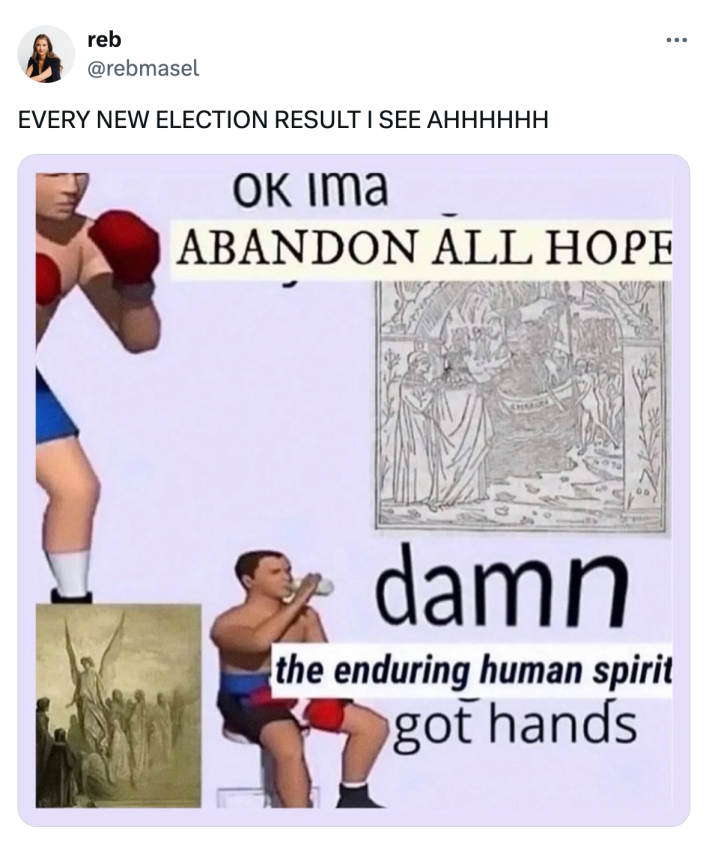Tweet that reads, "EVERY NEW ELECTION RESULT I SEE AHHHHHH"