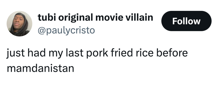 Tweet that reads, "just had my last pork fried rice before mamdanistan"