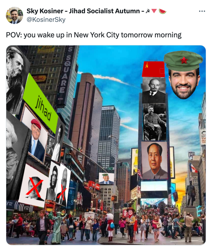 Tweet that reads, "POV: you wake up in New York City tomorrow morning" with a meme photoshopped image of a communist Times Square.