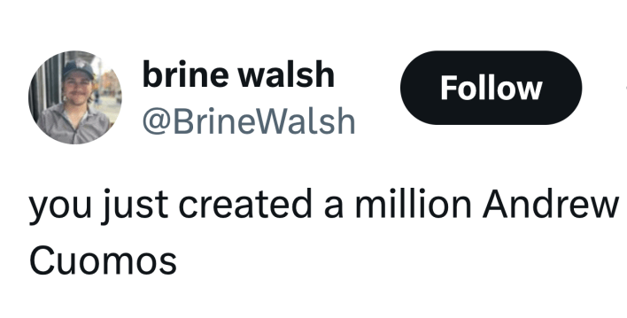 Tweet that reads, "you just created a million Andrew Cuomos"