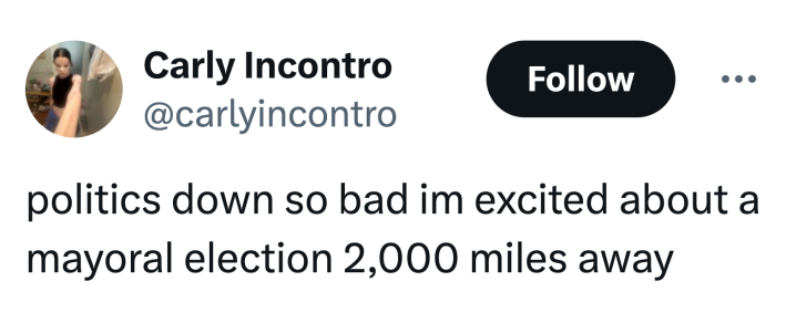 Tweet that reads, "politics down so bad im excited about a mayoral election 2,000 miles away"