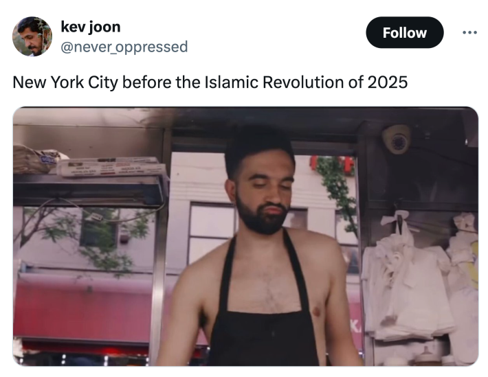Tweet that reads, "New York City before the Islamic Revolution of 2025" with a photo of a man in a food truck shirtless with an apron on.