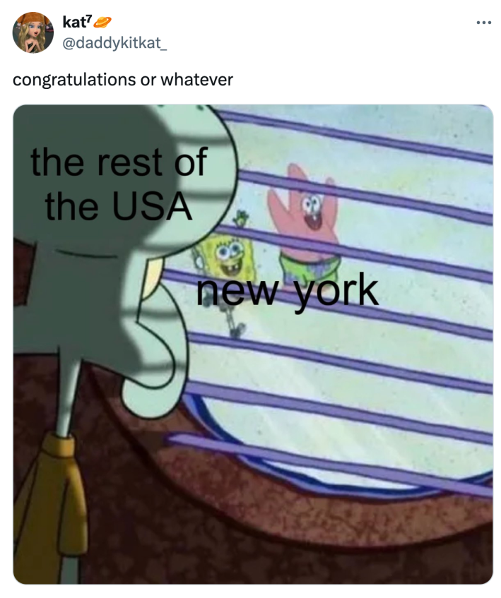 Tweet that reads, "congratulations or whatever" with a meme of Squidward (the rest of the USA) looking down at Sponge Bob and Patrick (New York) frolicking.