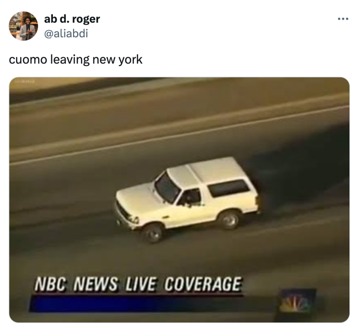 Tweet that reads, "cuomo leaving new york" with an image of an old live car chase news coverage.