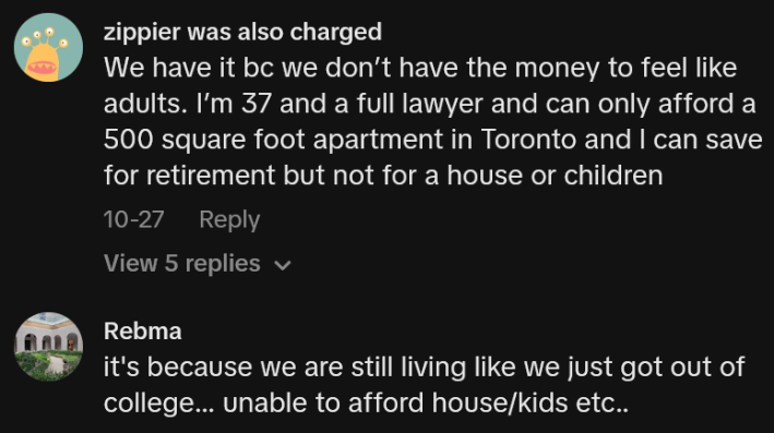TikTok comments including one reading "We have it bc we don’t have the money to feel like adults. I’m 37 and a full lawyer and can only afford a 500 square foot apartment in Toronto and I can save for retirement but not for a house or children"
