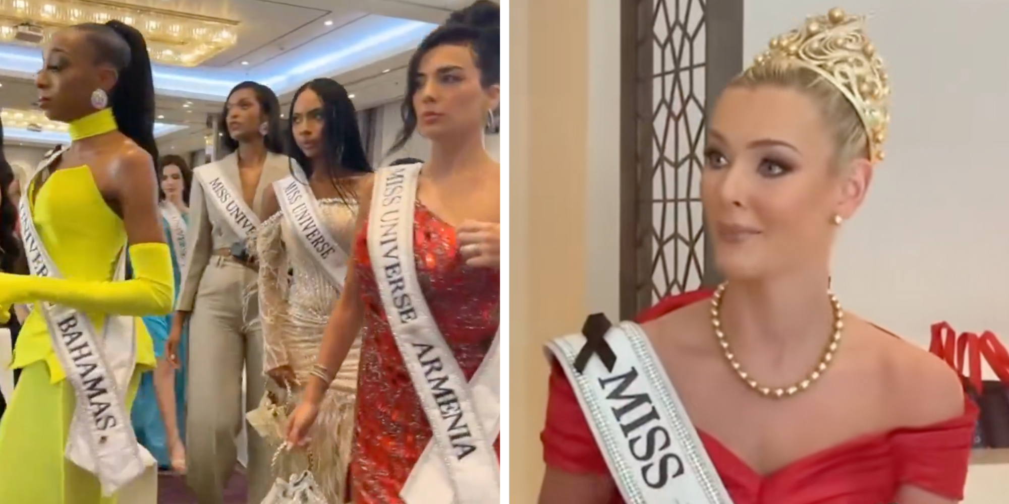 Left: Miss Universe Bahamas, Miss Universe Armenia, and other contestants walking out of brightly lit hall. Right: Miss Universe 2024 Victoria Kjær Theilvig talking to a reporter in a red dress and tiara.