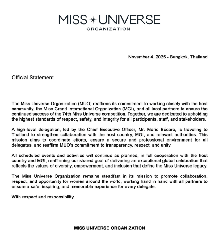 Miss Universe Organization's statement regarding the walkout that took place.