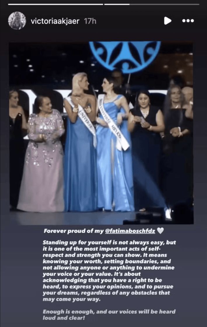 Miss Universe 2024's Instagram Story supporting Miss Mexico and the walkout.