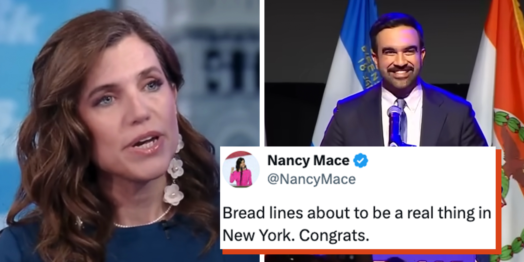 Left: Nancy Mace giving an interview on ABC News. Right: Zohran Mamdani smiling behind at a podium during his mayoral acceptance speech win. Tweet overy from Nancy Mace reads "Bread lies about to be a real thing in New York. Congrats."