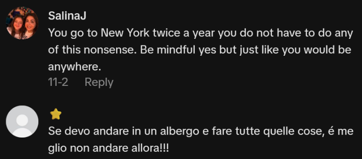 TikTok comments including one reading "You go to New York twice a year you do not have to do any of this nonsense. Be mindful yes but just like you would be anywhere."