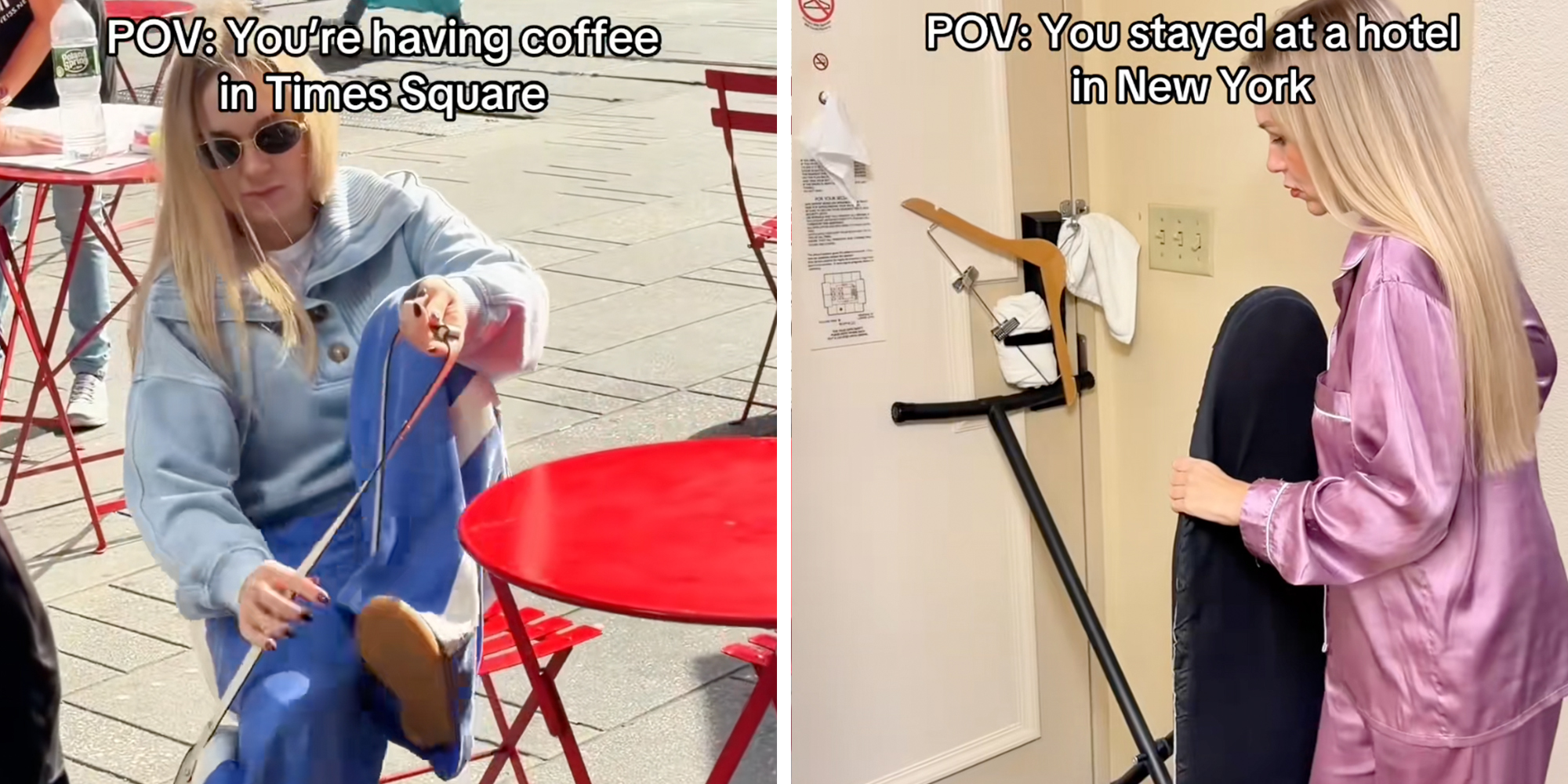 Woman showing her "safety tips" for New York City underneath text reading, "POV: You're having coffee in Times Square."