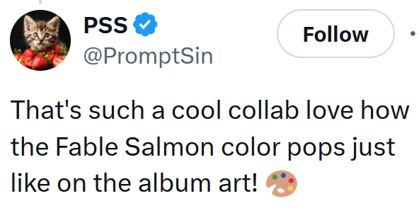 Tweet reading "That's such a cool collab love how the Fable Salmon color pops just like on the album art!"