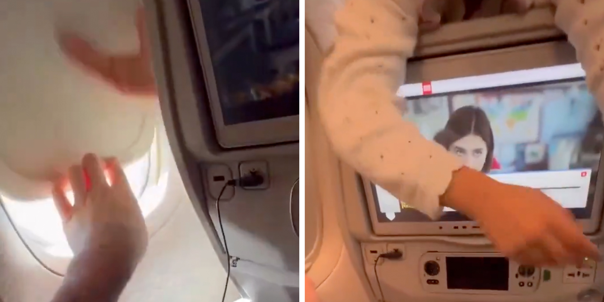 Plane passenger pushing plane window cover down as child's hand reaches from the front and tries to push it up.