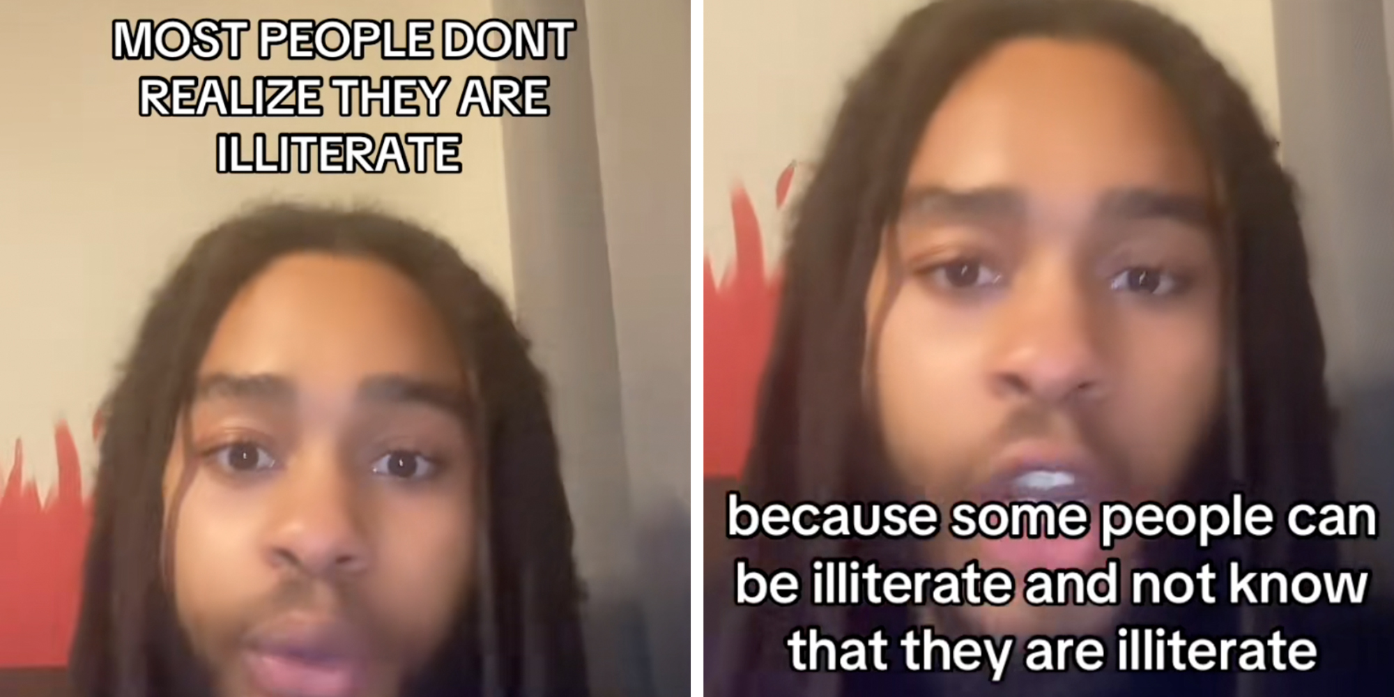 Man looking into the camera, text overlay reads, "Most people don't realize they are illiterate."