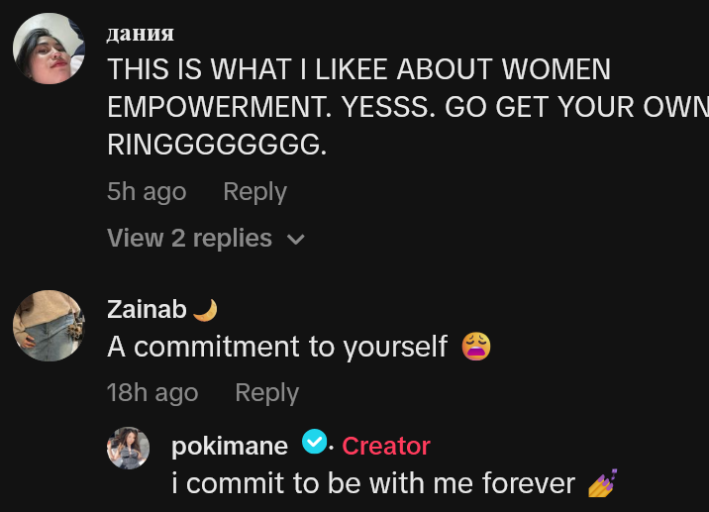 TikTok comments including one reading "THIS IS WHAT I LIKEE ABOUT WOMEN EMPOWERMENT. YESSS. GO GET YOUR OWN RINGGGGGGGG."