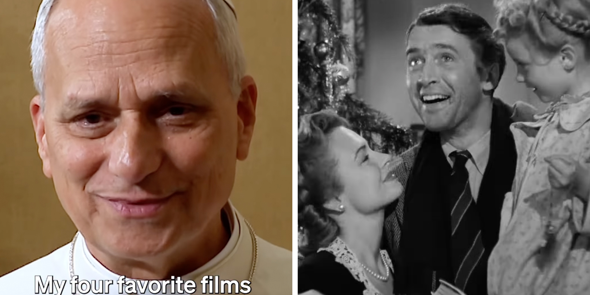 Left: Pope Leo XIV being interviewed by Variety, caption overlay reads, "My four favorite films." Right: Still from "It's A Wonderful Life" film.