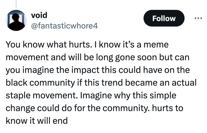 Tweet that reads, "You know what hurts. I know it’s a meme movement and will be long gone soon but can you imagine the impact this could have on the black community if this trend became an actual staple movement. Imagine why this simple change could do for the community. hurts to know it will end."