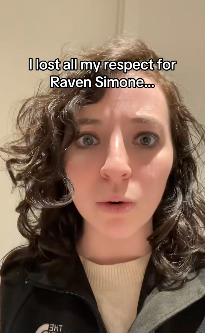 A frustrated-looking woman with shorter hair talking to the camera. Text overlay reads, "I lost all my respect for Raven Simone..."