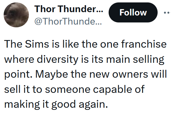 Tweet reading "The Sims is like the one franchise where diversity is its main selling point. Maybe the new owners will sell it to someone capable of making it good again."