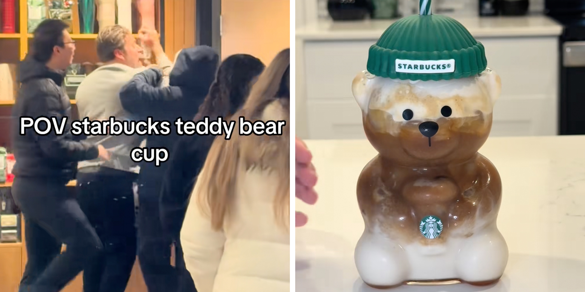 Left: Brawl inside of a Starbucks in New Jersey over a Bearista cup, text overlay reads, "POV Starbucks teddy bear cup." Right: Cinnamon bun iced latte in a Starbucks glass Bearista cold cup.