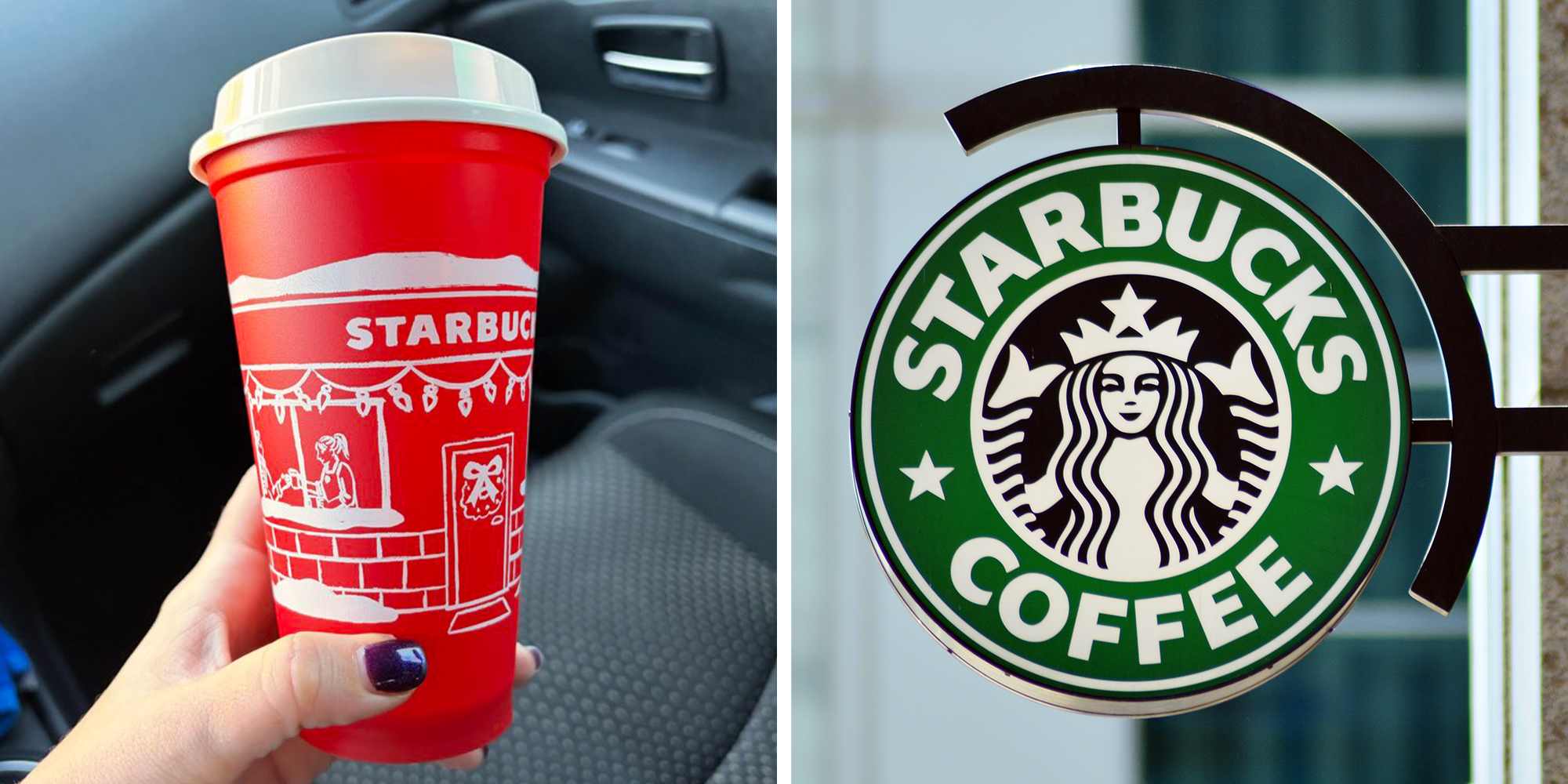 Left: Woman's hand holding 2025 Red Starbucks cup. Right: Starbucks logo outside store.