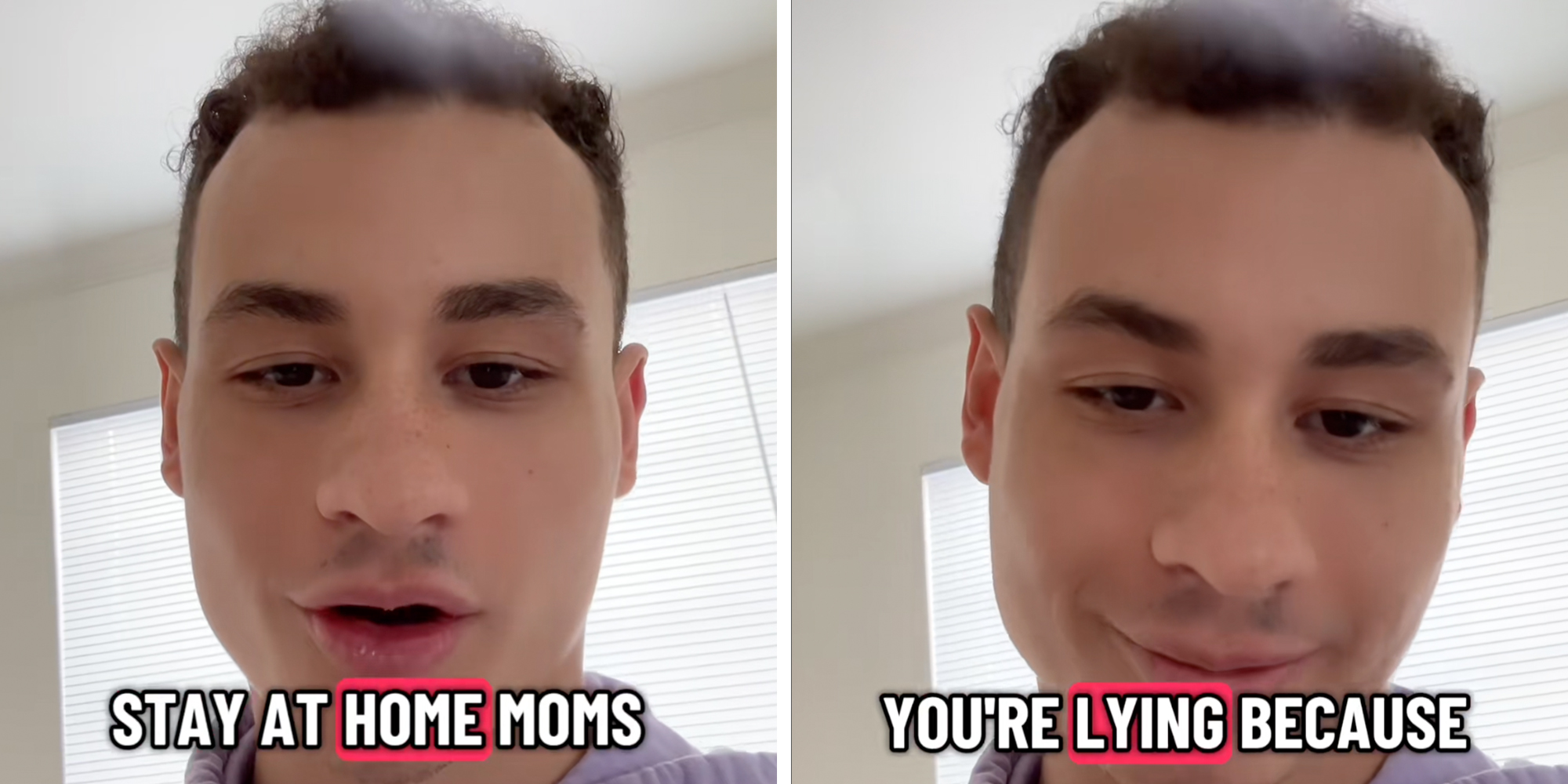 Man looking into camera, left panel reads: "Stay at home moms," right panel reads, "You're lying because."