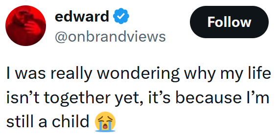 Tweet reading "I was really wondering why my life isn’t together yet, it’s because I’m still a child"