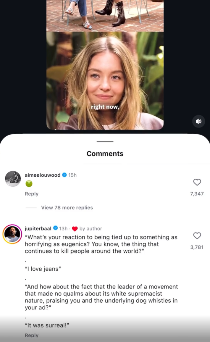 Screenshot of the comments section of Harriman's post on Instagram which shows Aimee Lou Wood's alleged comment on the video.