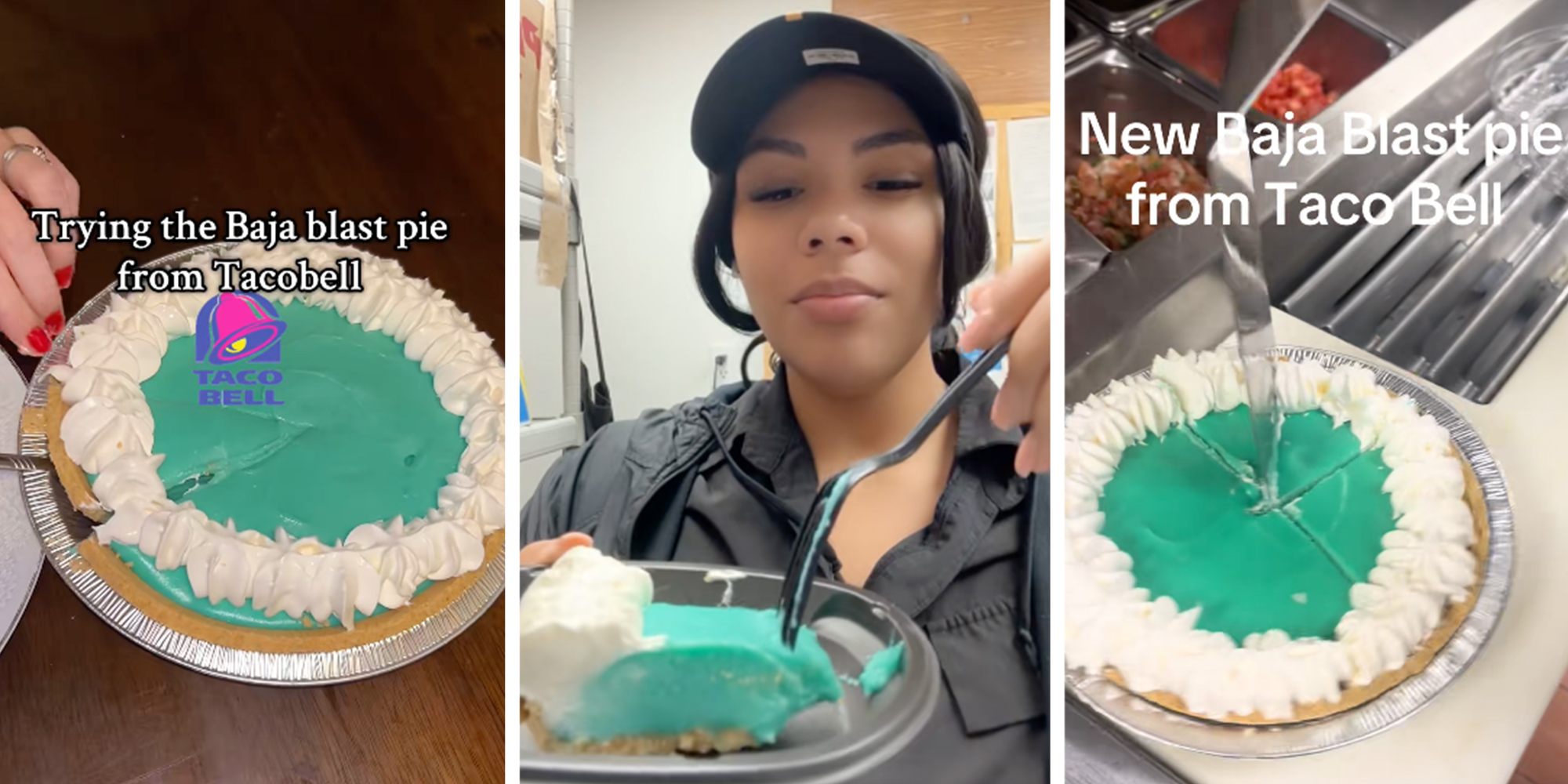 3 Panel: Left: Taco Bell Baja Blast Pie being cut into pieces. Middle: Taco Bell employee taking a bit of the Taco Bell Baja Blast Pie. Right: Taco Bell employee cutting the new Taco Bell Baja Blast Pie into pieces.