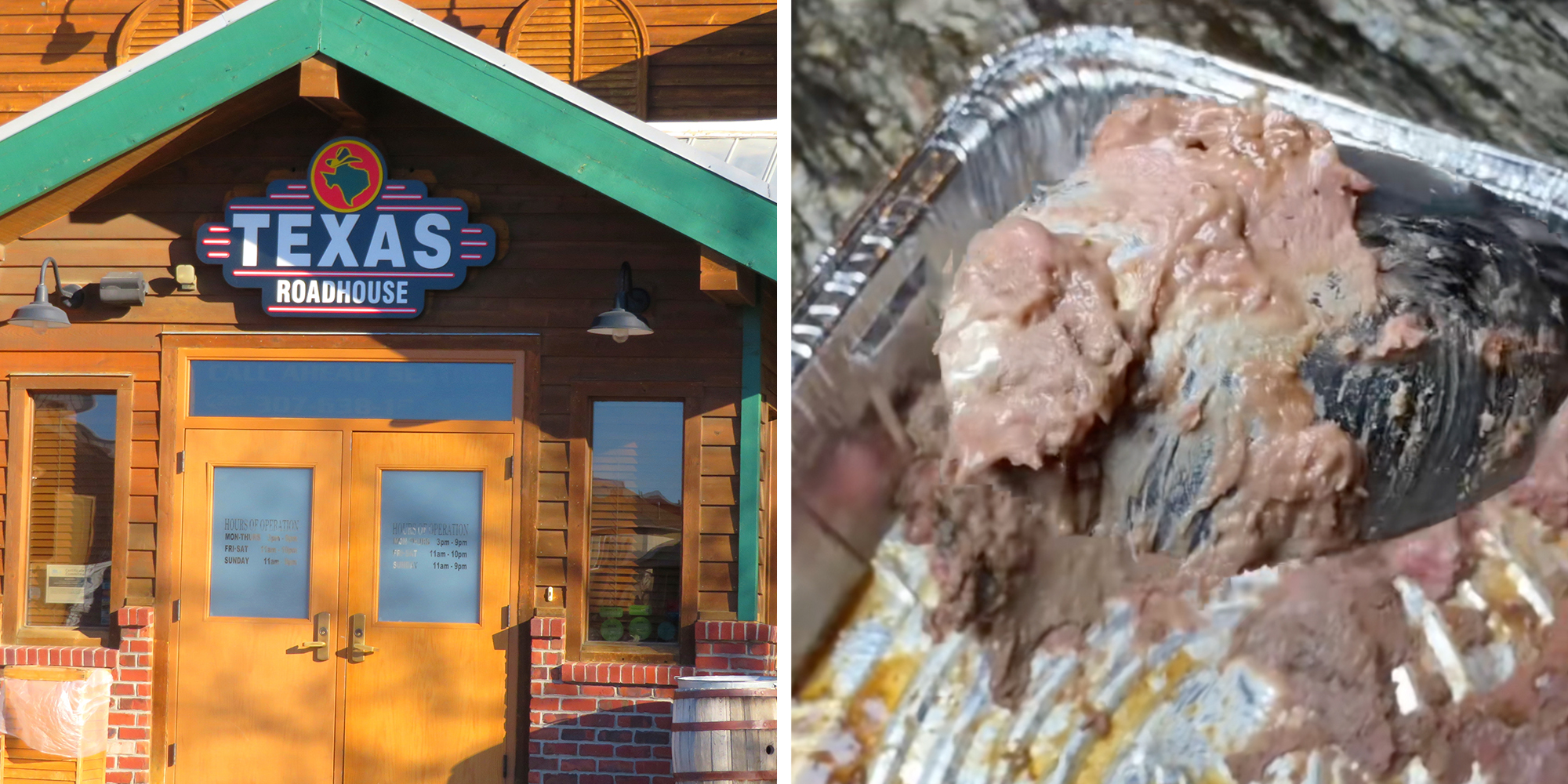 Left: Texas Roadhouse Restaurant - Front entry, sign above the door (Cheyenne, Wyoming, USA). Right: Mushy paste texture of Texas Roadhouse steak on a spoon.
