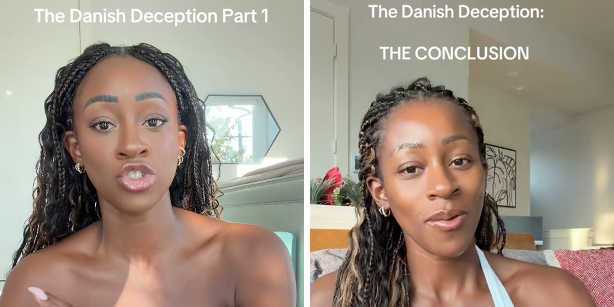 Woman sitting in front of the camera, text overlay reads, "The Danish Deception Part 1."