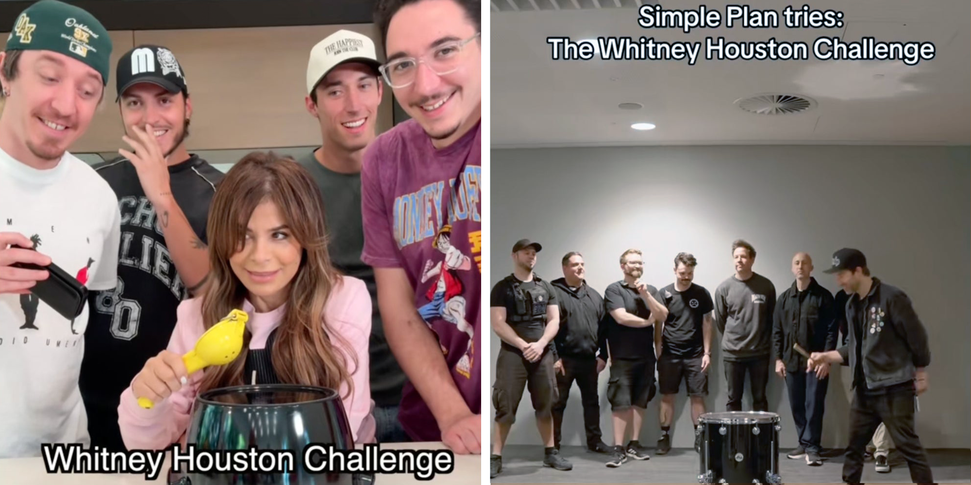 Left: Paula Abdul surrounded by four men doing the "Whitney Houston Challenge" on TikTok. Right: Band Simple Plan standing around a drum doing the Whitney Houston Challenge on TikTok.