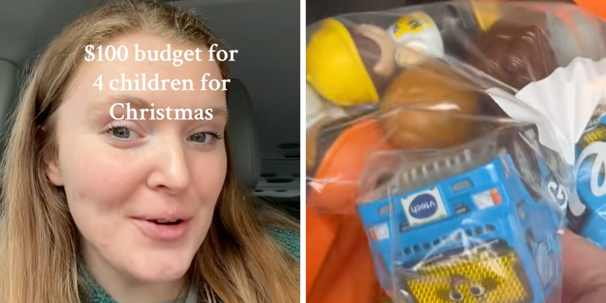 Left: Woman sitting in her car under text reading, "$100 budget for four children for Christmas." Right: See-through bag of toy cars.