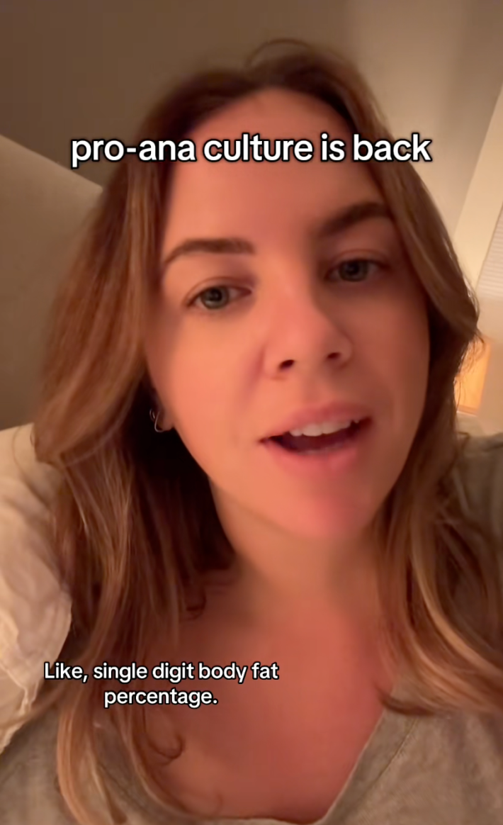 A woman talking to the camera with text overlay reads, "pro-ana culture is back" and "Like, single digit body fat percentage."