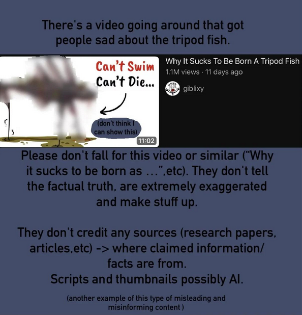 TikTok slideshow explaining that videos claiming tripod fish are miserable are inaccurate.