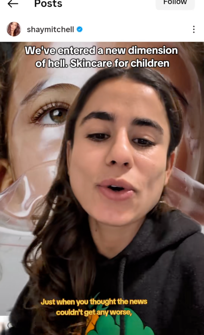 TikToker green screened over a photo of a child with a see-through face mask stretched over her face. Captions read, "We've entered a new dimension of hell. Skincare for children." and "Just when you thought the news couldn't get any worse."