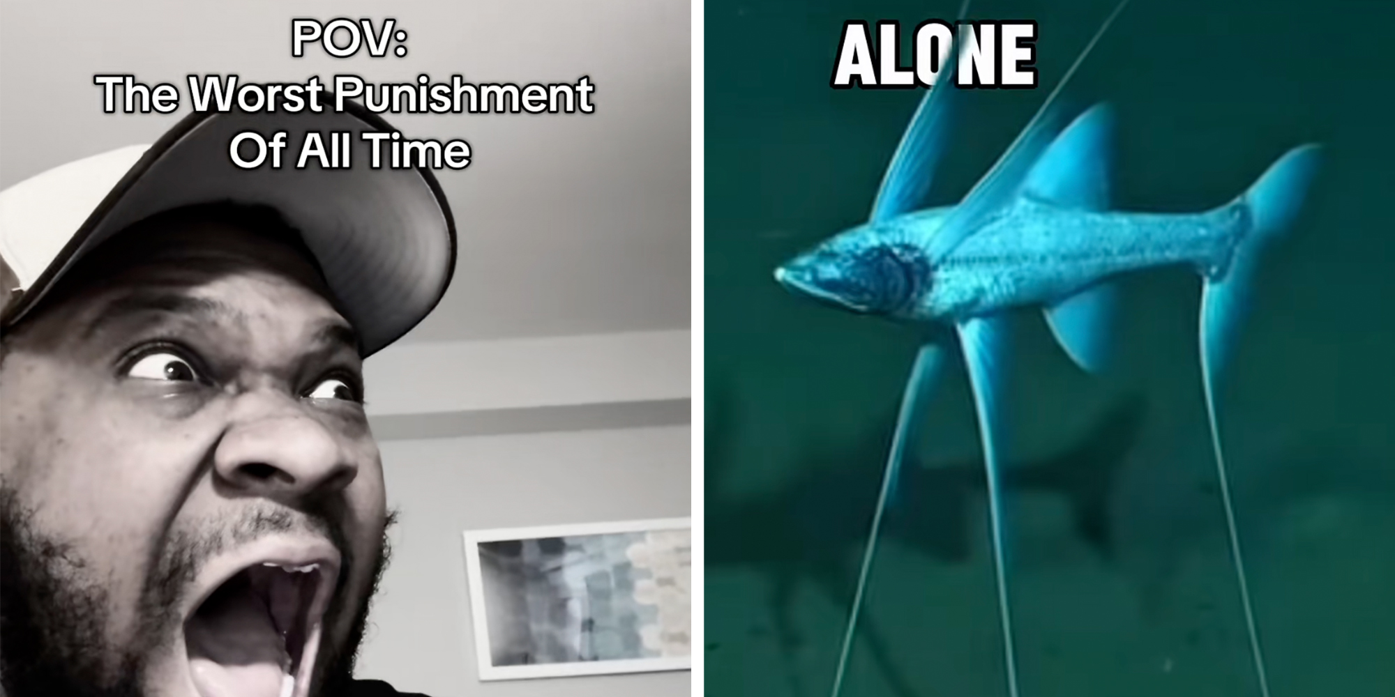 Left: Man screaming under text reading "POV: The worst punishment of all time." Right: Rendering of the tripod fish under text reading "Alone."