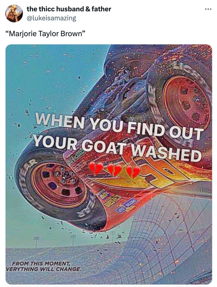 Lightning McQueen meme about MTG that says, "When you find out your GOAT washed."