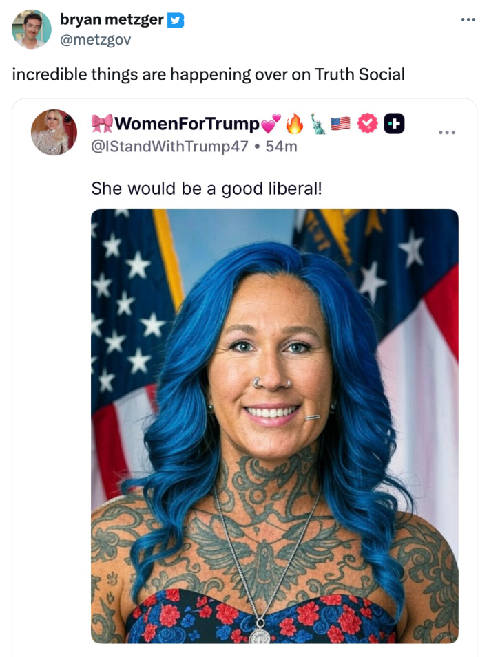 Tweet that reads, "incredible things are happening over on Truth Social" with an AI-generated image of MTG with blue hair, full body tattoos, and facial piercings.