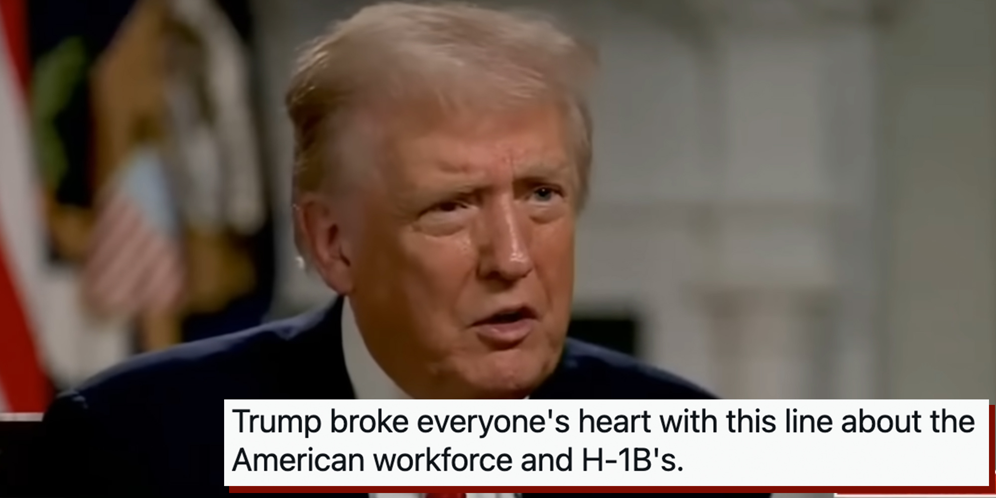 President Donald Trump interview on Fox News' The Ingraham Angle. Tweet text overlay from Mike Cernovich reads, "Trump broke everyone's heart with this line about the American workforce and H-1B's."